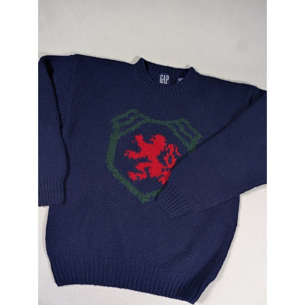 Vintage Gap Shetland Wool Lion Crest Sweater Men's Size M Blue Heavy Knit